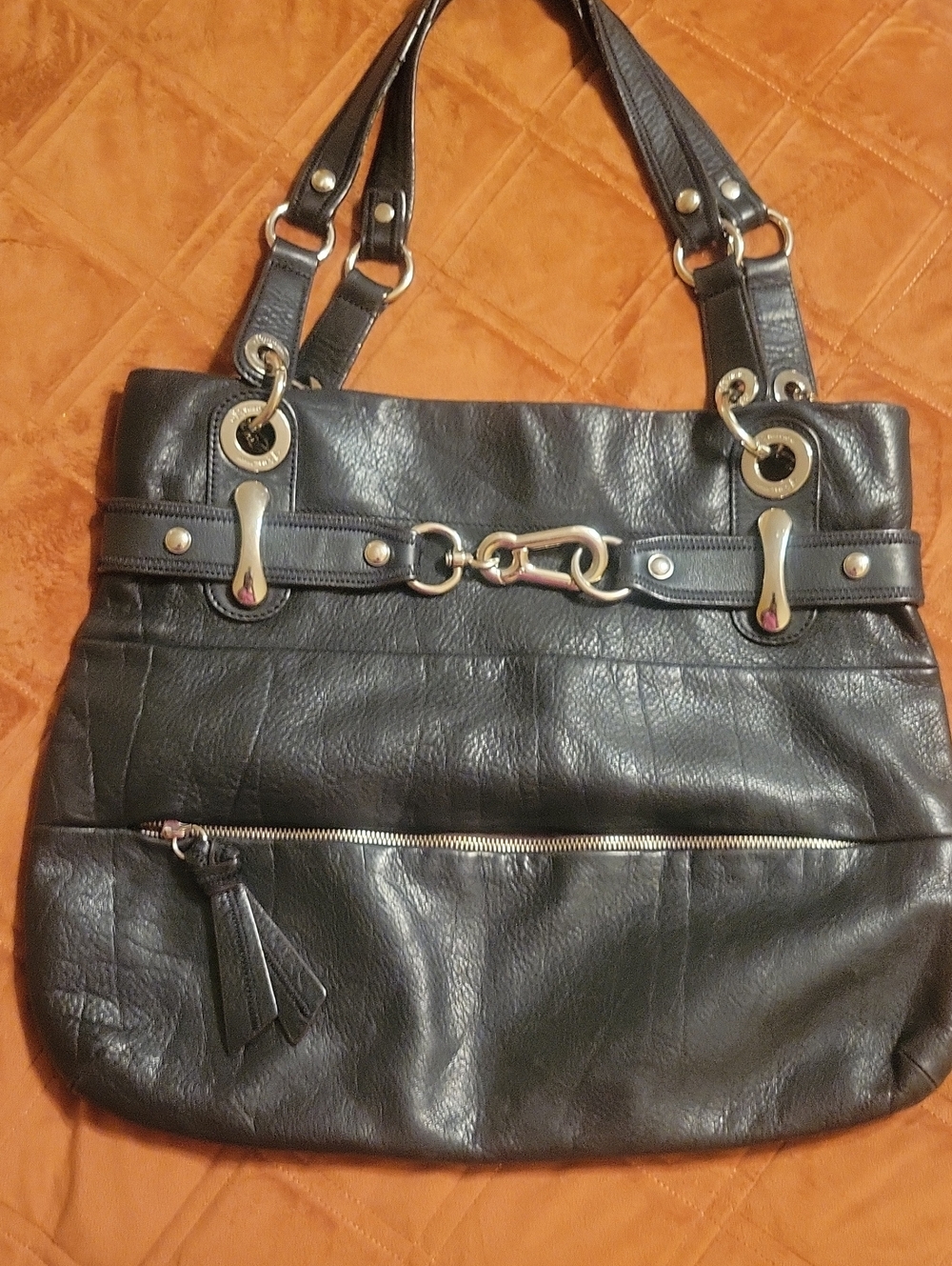 B- Makowsky black Leather Tote Handbag with Gold Hardware